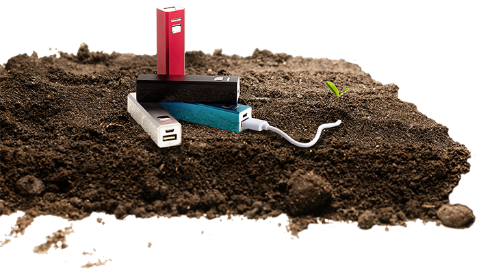 Powerbanks with cables leading into the mulched ground